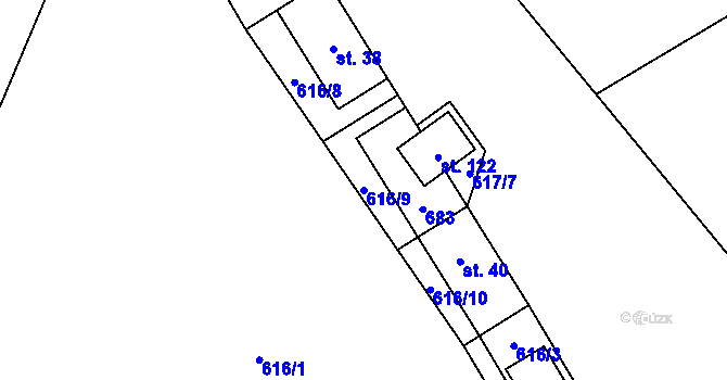 Parcela st. 616/9 v KÚ Těchoraz, Katastrální mapa