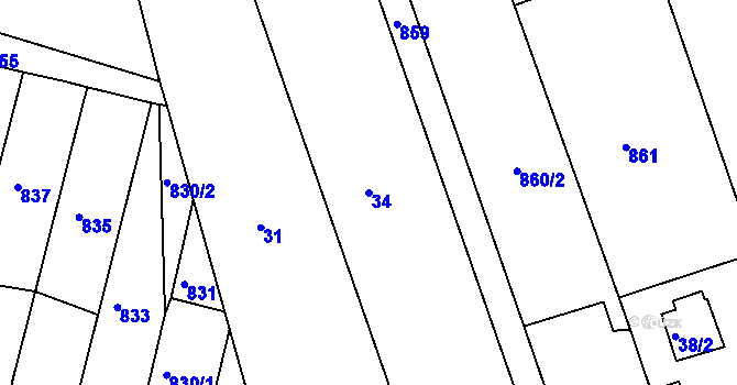 Parcela st. 34 v KÚ Těchov, Katastrální mapa