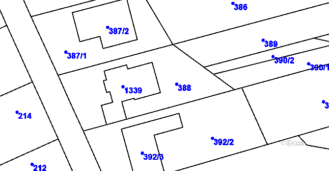 Parcela st. 388 v KÚ Těchov, Katastrální mapa