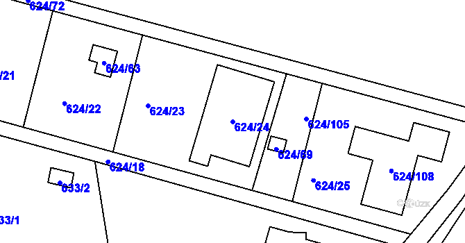 Parcela st. 624/24 v KÚ Těchov, Katastrální mapa