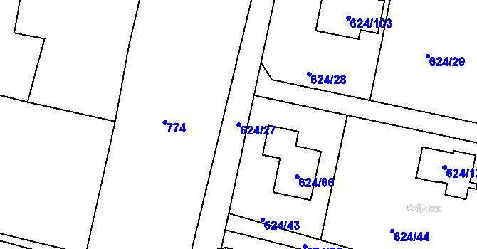 Parcela st. 624/27 v KÚ Těchov, Katastrální mapa