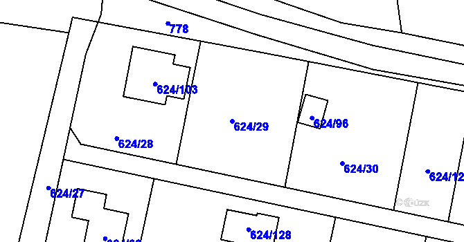 Parcela st. 624/29 v KÚ Těchov, Katastrální mapa