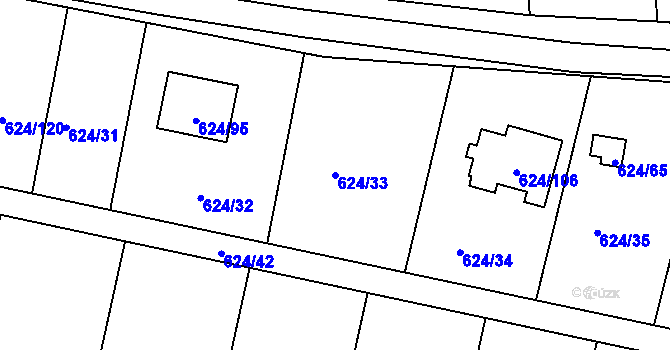 Parcela st. 624/33 v KÚ Těchov, Katastrální mapa