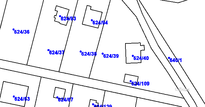 Parcela st. 624/39 v KÚ Těchov, Katastrální mapa