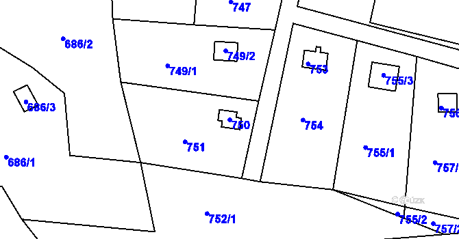 Parcela st. 750 v KÚ Těchov, Katastrální mapa