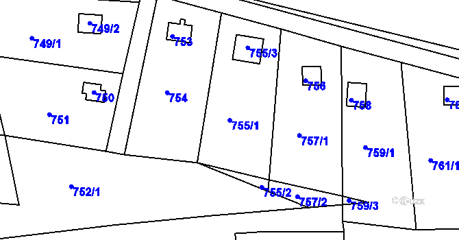 Parcela st. 755/1 v KÚ Těchov, Katastrální mapa