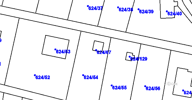 Parcela st. 624/67 v KÚ Těchov, Katastrální mapa