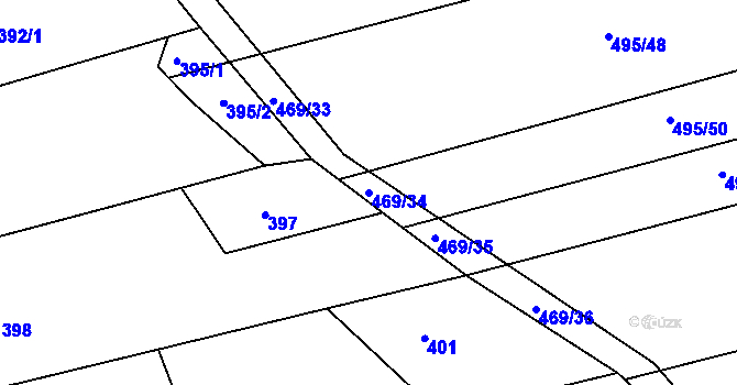 Parcela st. 469/34 v KÚ Těchov, Katastrální mapa