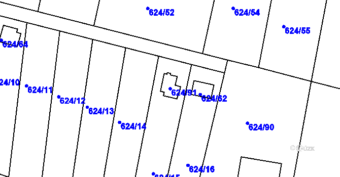 Parcela st. 624/91 v KÚ Těchov, Katastrální mapa