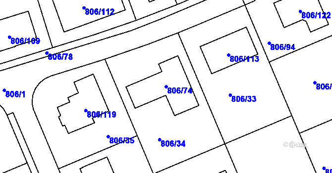 Parcela st. 806/74 v KÚ Těchov, Katastrální mapa
