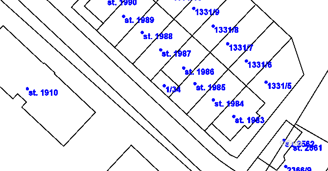 Parcela st. 1/34 v KÚ Telč, Katastrální mapa