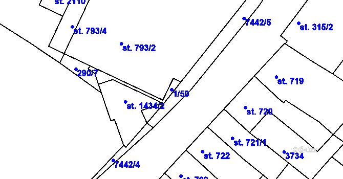 Parcela st. 1/50 v KÚ Telč, Katastrální mapa