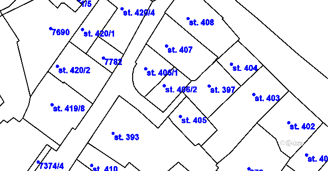 Parcela st. 406/2 v KÚ Telč, Katastrální mapa