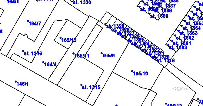 Parcela st. 165/9 v KÚ Telč, Katastrální mapa