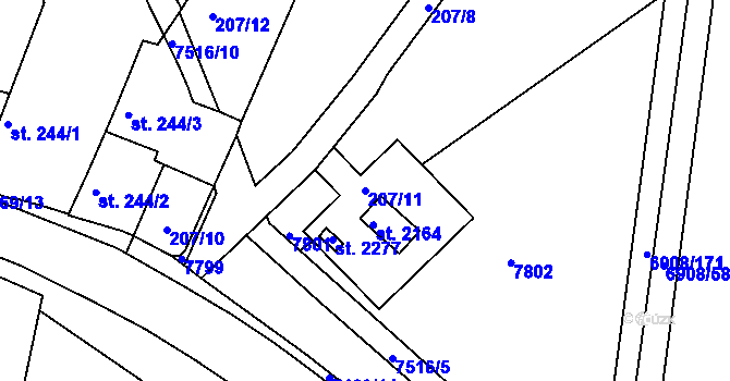 Parcela st. 207/11 v KÚ Telč, Katastrální mapa