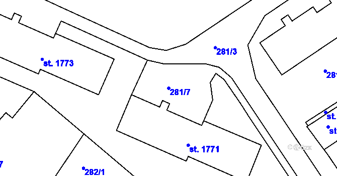 Parcela st. 281/7 v KÚ Telč, Katastrální mapa