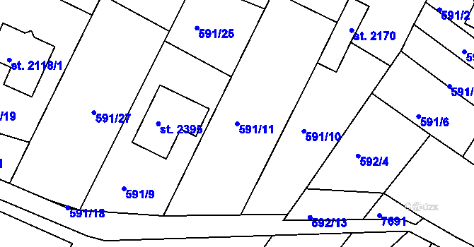 Parcela st. 591/11 v KÚ Telč, Katastrální mapa