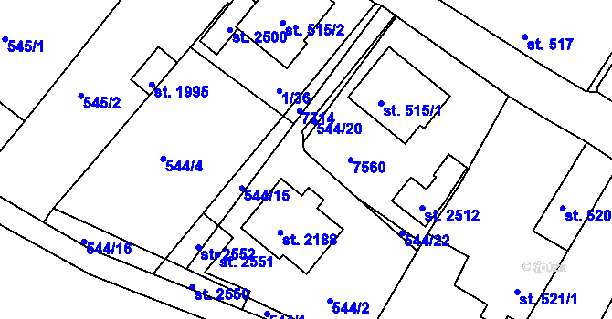 Parcela st. 544/21 v KÚ Telč, Katastrální mapa