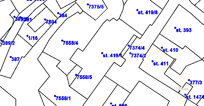 Parcela st. 419/1 v KÚ Telč, Katastrální mapa