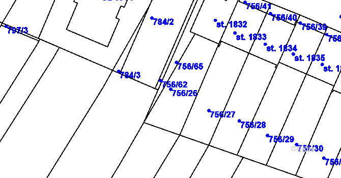 Parcela st. 756/26 v KÚ Telč, Katastrální mapa