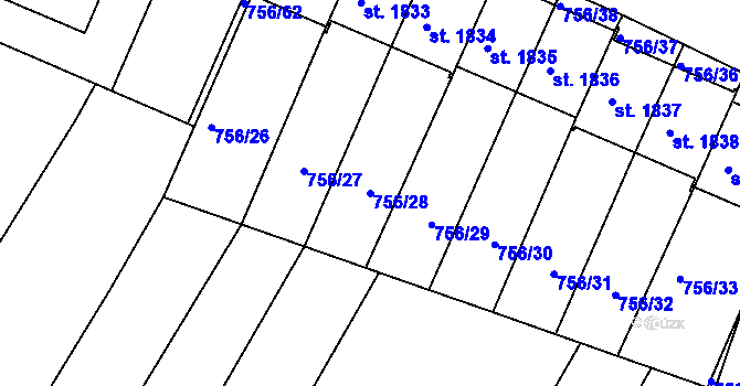 Parcela st. 756/28 v KÚ Telč, Katastrální mapa