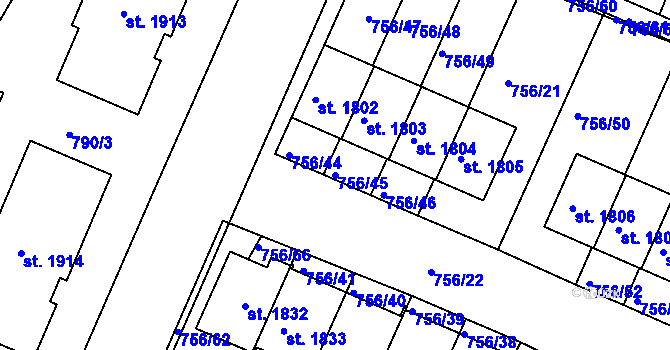 Parcela st. 756/45 v KÚ Telč, Katastrální mapa