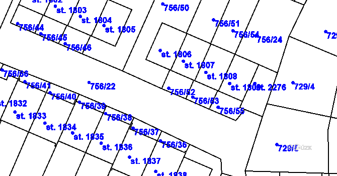 Parcela st. 756/52 v KÚ Telč, Katastrální mapa