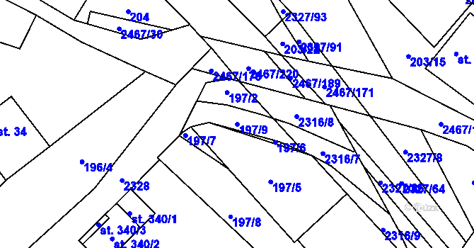 Parcela st. 197/9 v KÚ Telecí, Katastrální mapa