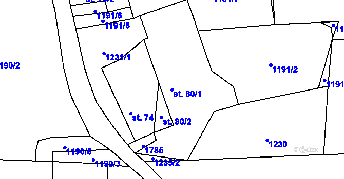 Parcela st. 80/1 v KÚ Temelín, Katastrální mapa
