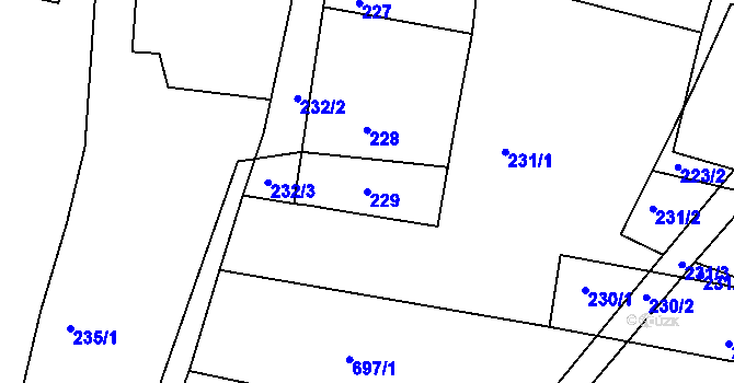 Parcela st. 229 v KÚ Těmice u Hodonína, Katastrální mapa