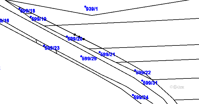 Parcela st. 599/21 v KÚ Těmice u Hodonína, Katastrální mapa