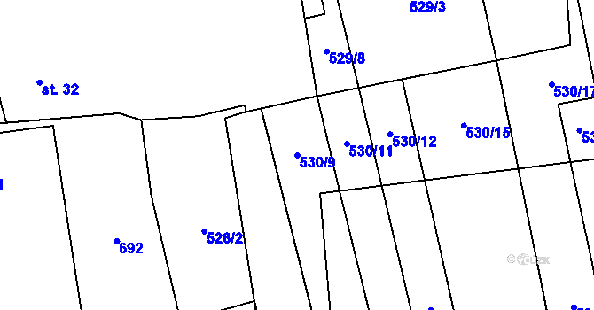 Parcela st. 530/9 v KÚ Těně, Katastrální mapa