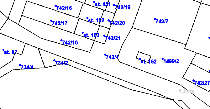 Parcela st. 742/4 v KÚ Hořehledy, Katastrální mapa