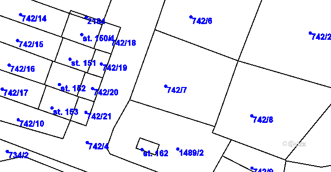 Parcela st. 742/7 v KÚ Hořehledy, Katastrální mapa