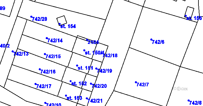Parcela st. 742/18 v KÚ Hořehledy, Katastrální mapa
