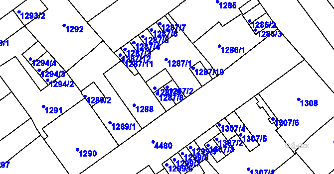 Parcela st. 1287/2 v KÚ Teplice, Katastrální mapa
