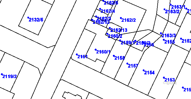 Parcela st. 2160/1 v KÚ Teplice, Katastrální mapa