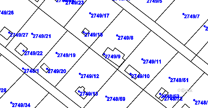 Parcela st. 2749/9 v KÚ Teplice, Katastrální mapa