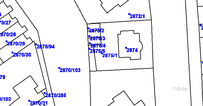 Parcela st. 2875/1 v KÚ Teplice, Katastrální mapa