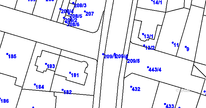 Parcela st. 209/1 v KÚ Teplice-Řetenice, Katastrální mapa