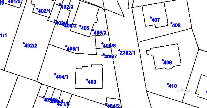Parcela st. 406/7 v KÚ Teplice-Trnovany, Katastrální mapa