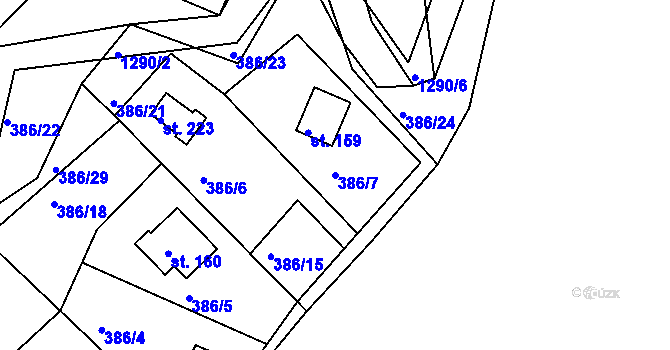 Parcela st. 386/7 v KÚ Teplýšovice, Katastrální mapa