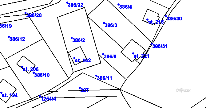 Parcela st. 386/8 v KÚ Teplýšovice, Katastrální mapa