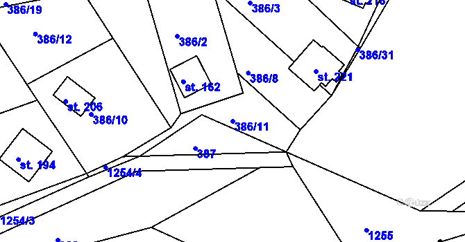 Parcela st. 386/11 v KÚ Teplýšovice, Katastrální mapa