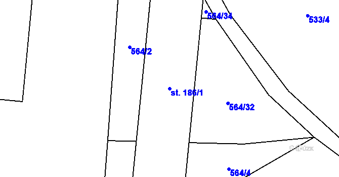 Parcela st. 186/1 v KÚ Teplýšovice, Katastrální mapa