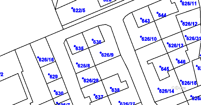 Parcela st. 626/9 v KÚ Terezín, Katastrální mapa