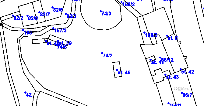 Parcela st. 74/2 v KÚ Lebedov, Katastrální mapa