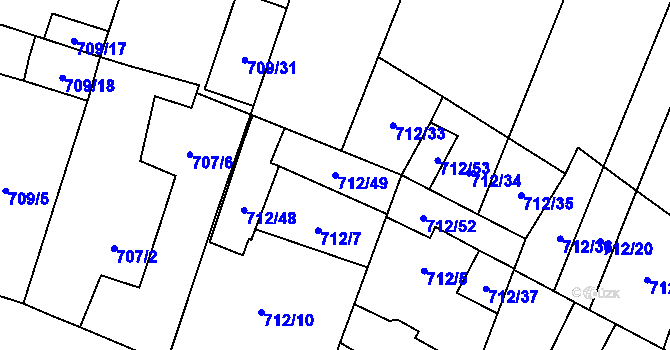 Parcela st. 712/49 v KÚ Těšetice u Znojma, Katastrální mapa