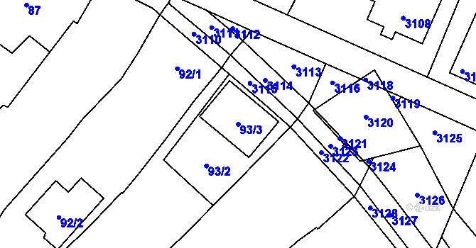 Parcela st. 93/3 v KÚ Těšetice u Znojma, Katastrální mapa