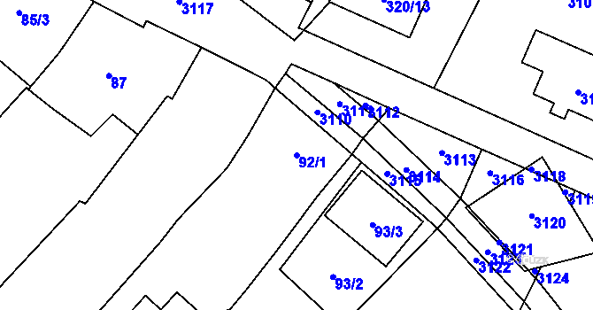 Parcela st. 92/1 v KÚ Těšetice u Znojma, Katastrální mapa